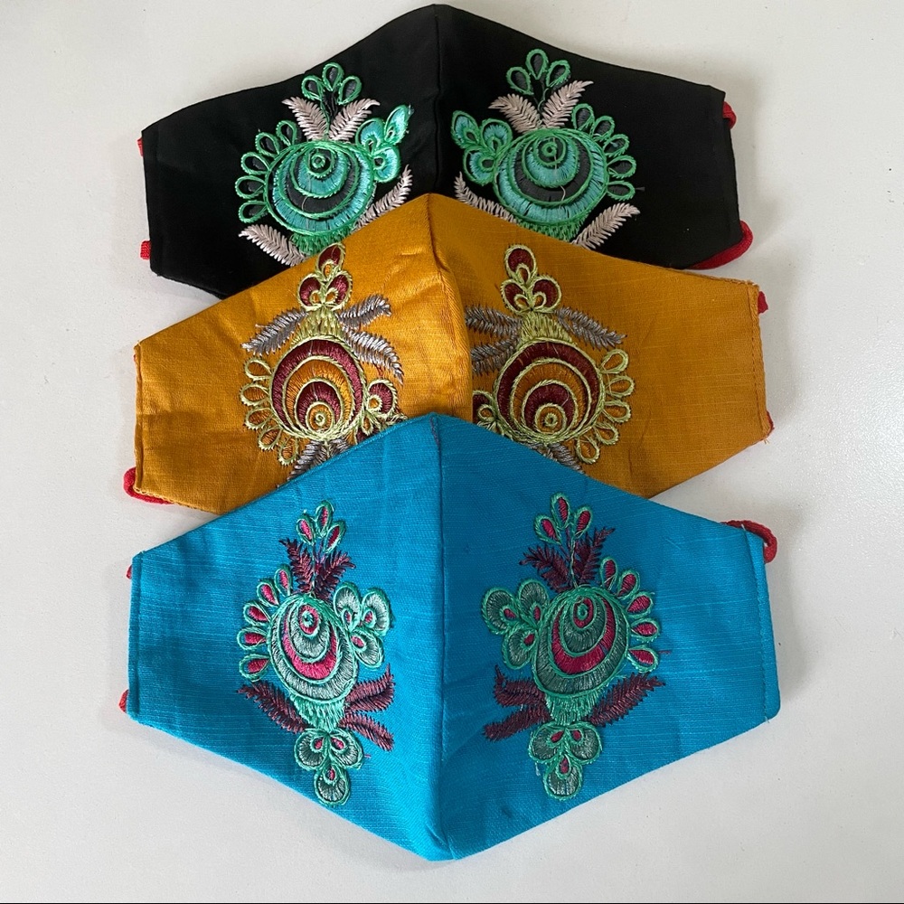 Pack of 3 Cotton face masks - hand embroidered